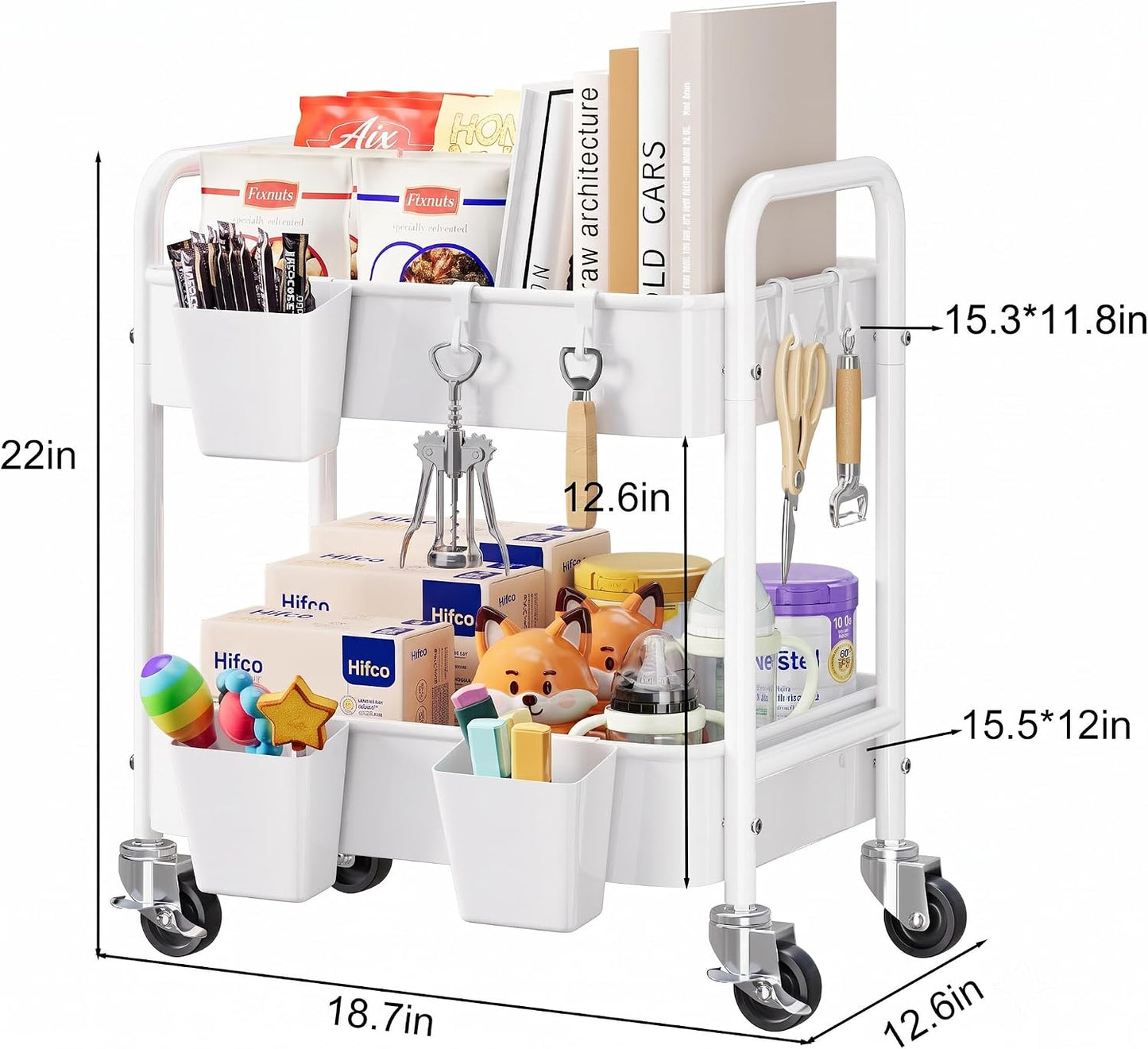 2 Tier Small Rolling Cart Metal with Wheels, White Under Desk Storage Cart on Wheels, Short Utility Roller Caddy Carts Organizer for Art,Craft,Pantry,Bathroom, Two Tiered Shelf Trolley,22 Inches Tall