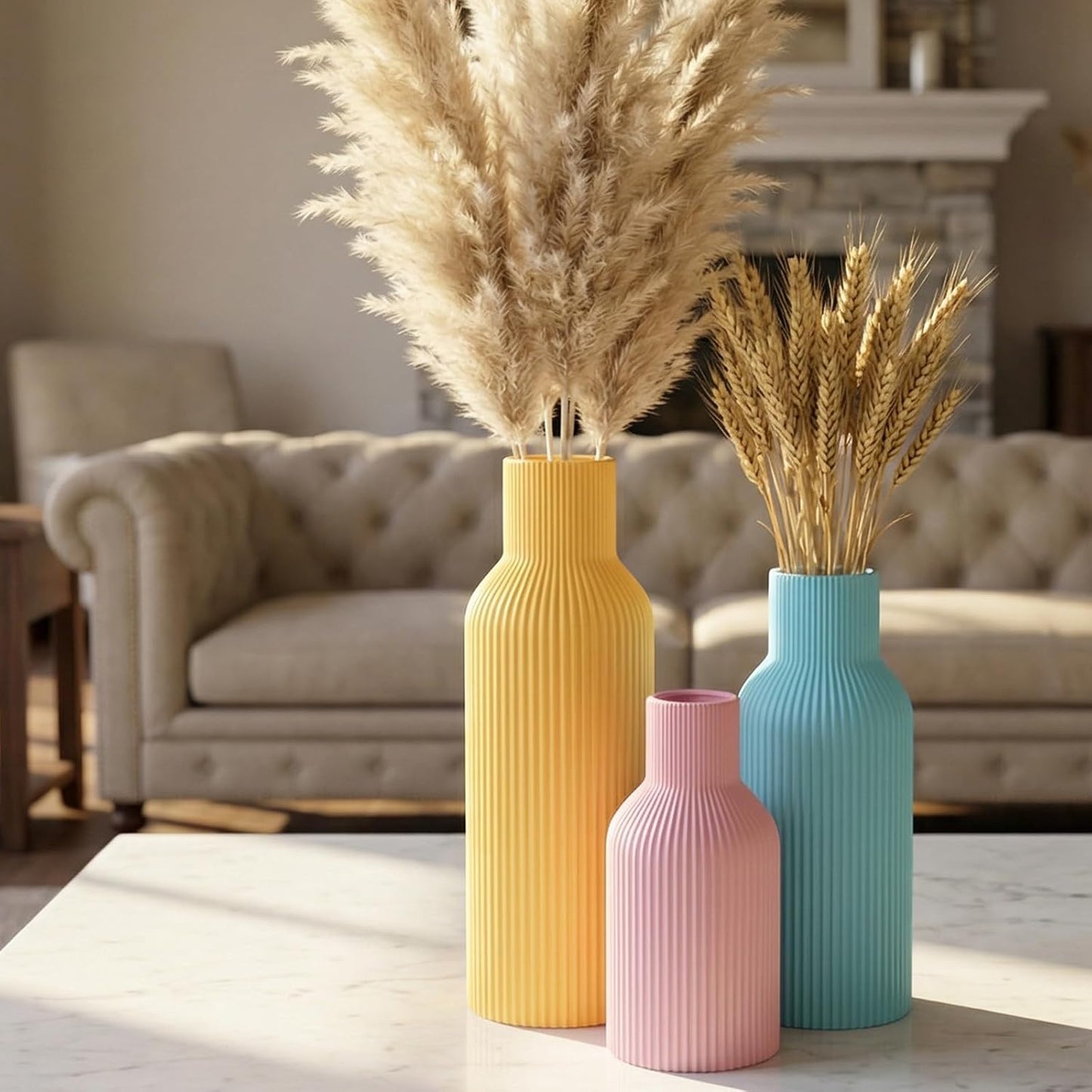 White Ceramic Flower Vases Set of 3, Modern Matte Vertical Ribbed, Nordic Minimalist Decor for Pampas, Dried & Fresh Flowers, Centerpiece for Living Room, Shelf, Entryway, Wedding,Office