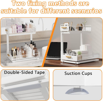 2 Pack Under Sink Organizer with Ball Bearing Sliding Drawer, Heavy Duty Pull Out Cabinet Organizer, 2 Tier Adjustable Storage Rack for Kitchen Bathroom, Space Saving Design, White