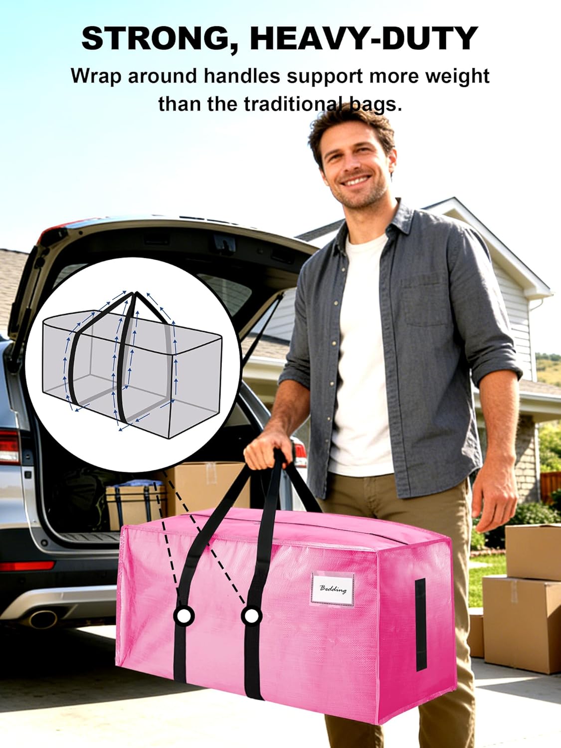HOMESURE Supports 200lbs Heavy Duty Moving Bags - Strong Zipper & Wrap-Around Handles - Water-Resistant Storage Totes, Durable Alternative to Moving Boxes - 8 Pack - Semi-Transparent