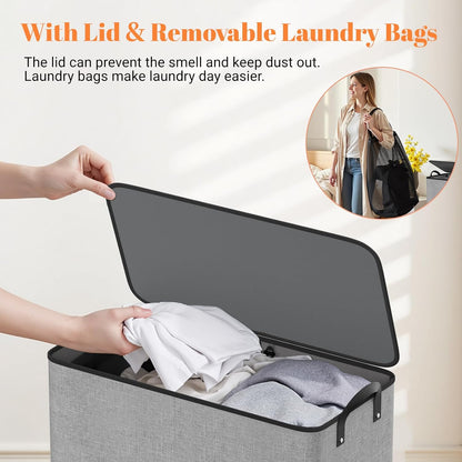 Large Double Laundry Hamper with Lid, Removable Bags & Reinforced Handles, 2 Section Tall Laundry Basket, Dirty Clothes Hampers for Laundry Room, Bedroom, Bathroom, Dorm, 136L, Gray