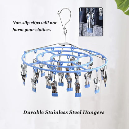 Stainless Steel Clothes Sock Drying Rack with 24 Clips, Swivel Hook Windproof Clothes Hanger Rack for Sock, Bras, Towel, Underwear, Laundry Clothes, Hat, Scarf, Pants, Gloves (Pink Clips)