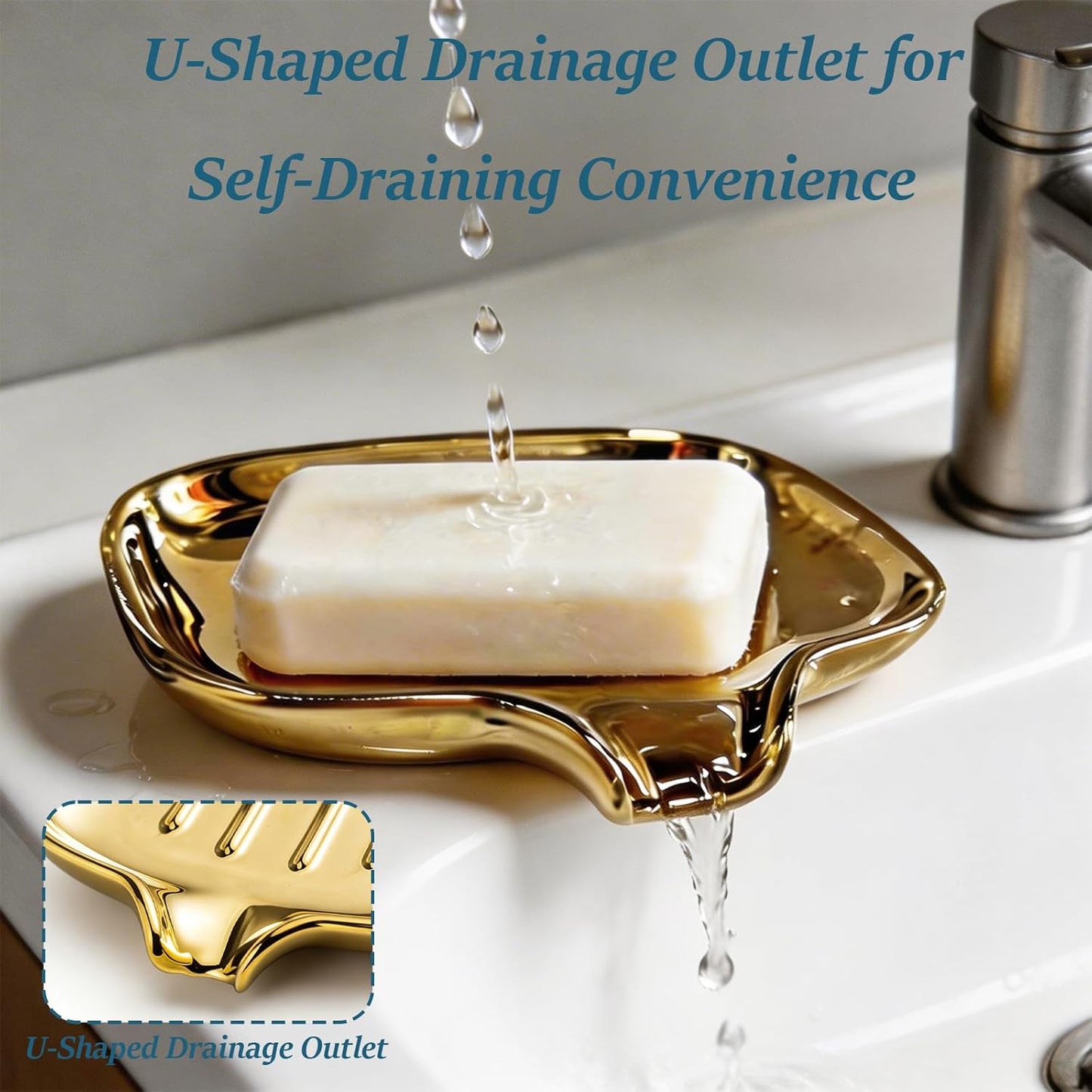 Polished Silver Soap Dish | Self-Draining Bar Soap Holder with U-Shaped Drainage, Decorative Soap Tray for Bathroom Shower & Kitchen Sink