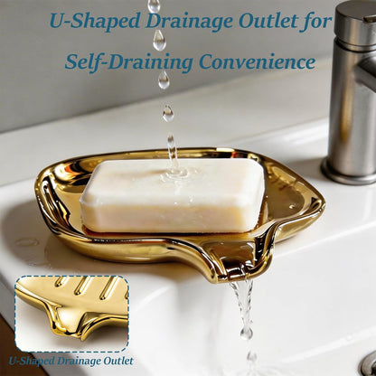 Polished Silver Soap Dish | Self-Draining Bar Soap Holder with U-Shaped Drainage, Decorative Soap Tray for Bathroom Shower & Kitchen Sink