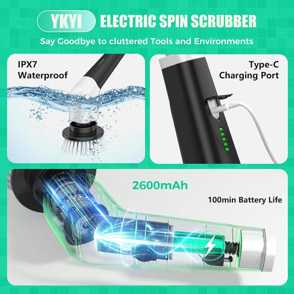 YKYI Electric Spin Scrubber, Cordless Power Scrubber Cleaning Tool with 8 Replaceable Heads and Extension Handle for Bathroom, Tub, Tile, Floor, Grout and Car (White)