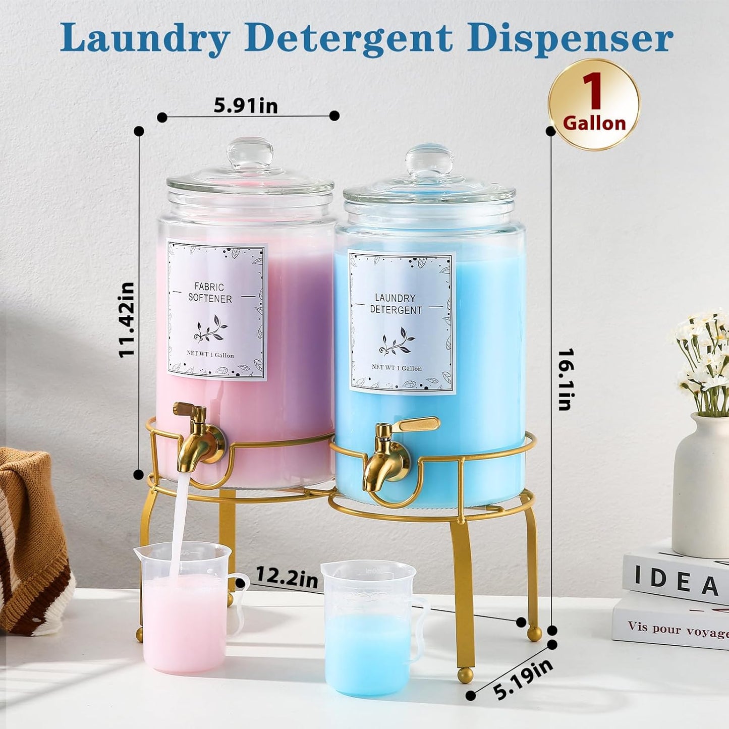 Glass Laundry Detergent Dispenser- 1 Gallon Glass Fabric Softener Dispenser with Leak-Proof Stainless Steel Faucet & Stand. Large Laundry Soap Container for Washer Room Organization &Storage