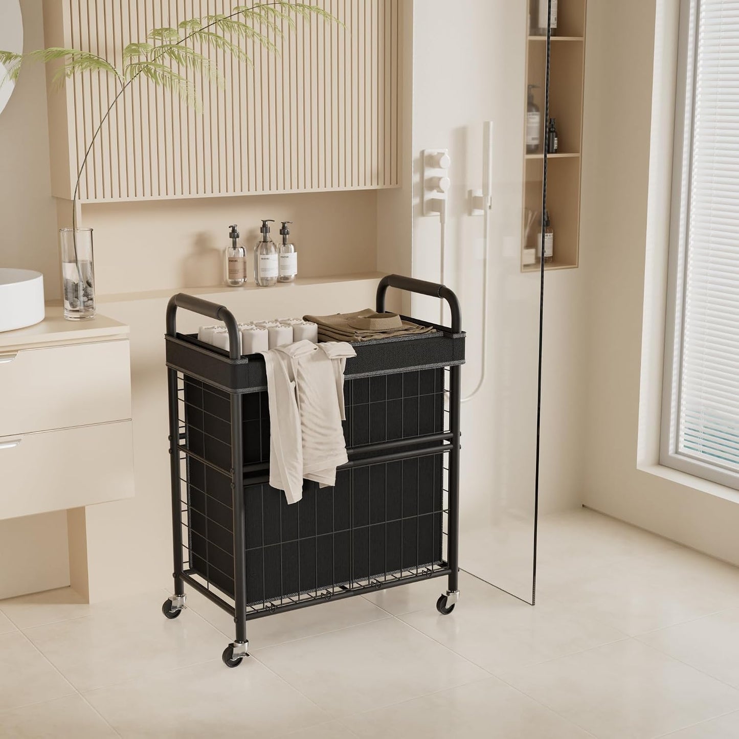 Laundry Hamper 3 Section, 145L Rolling Laundry Sorter Basket with Wheels, 3 Compartment Clothes Organizer Cart, Pull-Out Removable Bags for Laundry Room, Bathroom, Bedroom, White