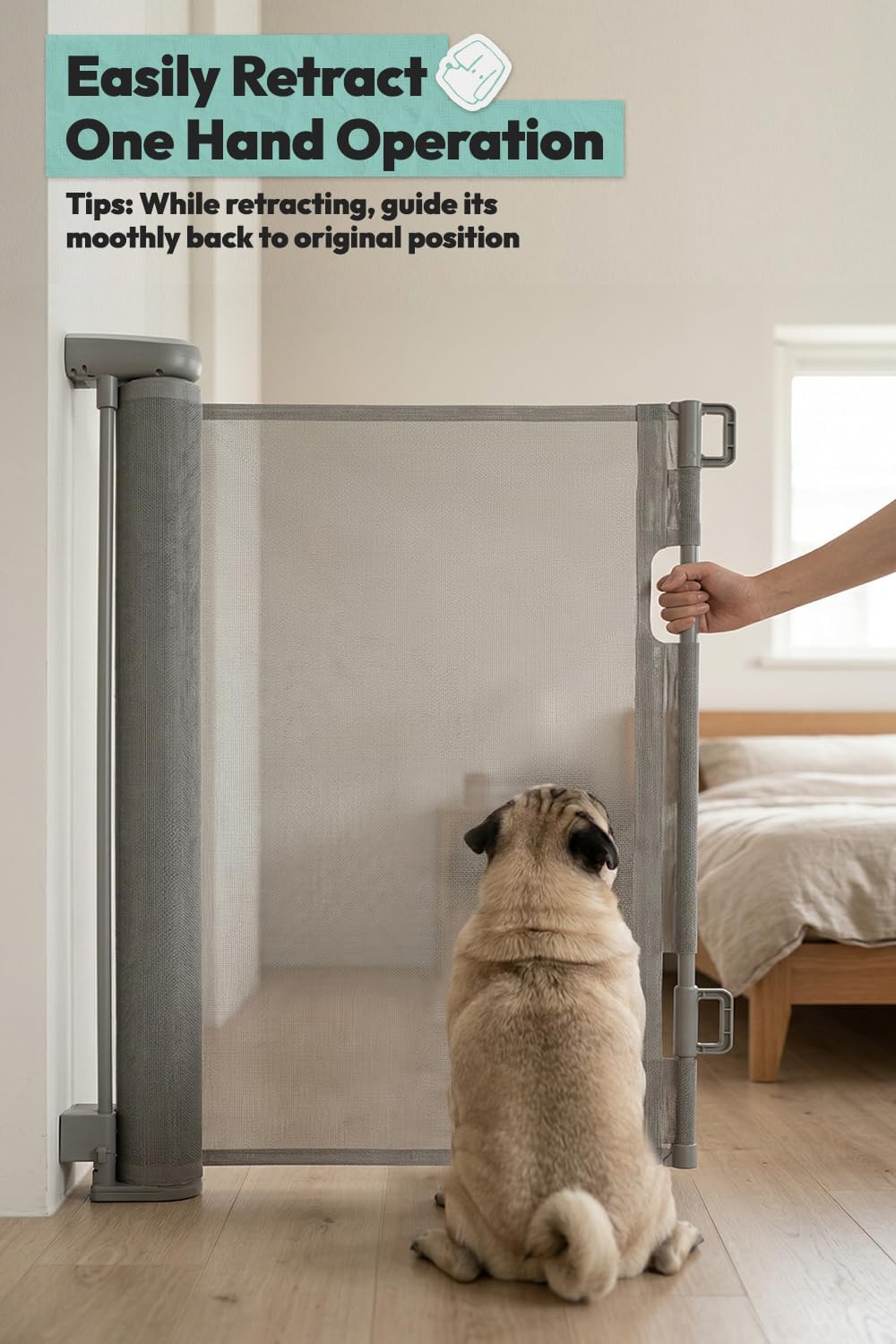 15.7" H Mesh Short Dog Gate, Extends Up to 59" W Retractable Pet Gate with Drill Installation, Small Dog Gate for Stairs, Easy Step Over Low Puppy Gate for Doorways Indoor Outdoor, White