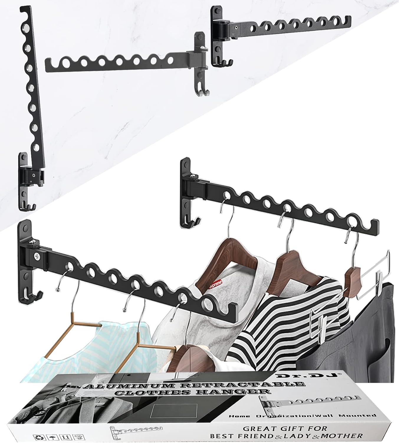 Dr.DJ Wall Mount Coat Hanger Holder Silver Clothes Drying Organizer Rack Garment Hooks Aluminium Retractable Folding Indoor Wall Mounted Hanger Space Saver for Laundry Room Bedroom (2 Racks) Silver