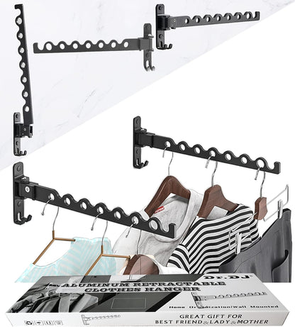 Dr.DJ Wall Mount Coat Hanger Holder Silver Clothes Drying Organizer Rack Garment Hooks Aluminium Retractable Folding Indoor Wall Mounted Hanger Space Saver for Laundry Room Bedroom (2 Racks) Silver
