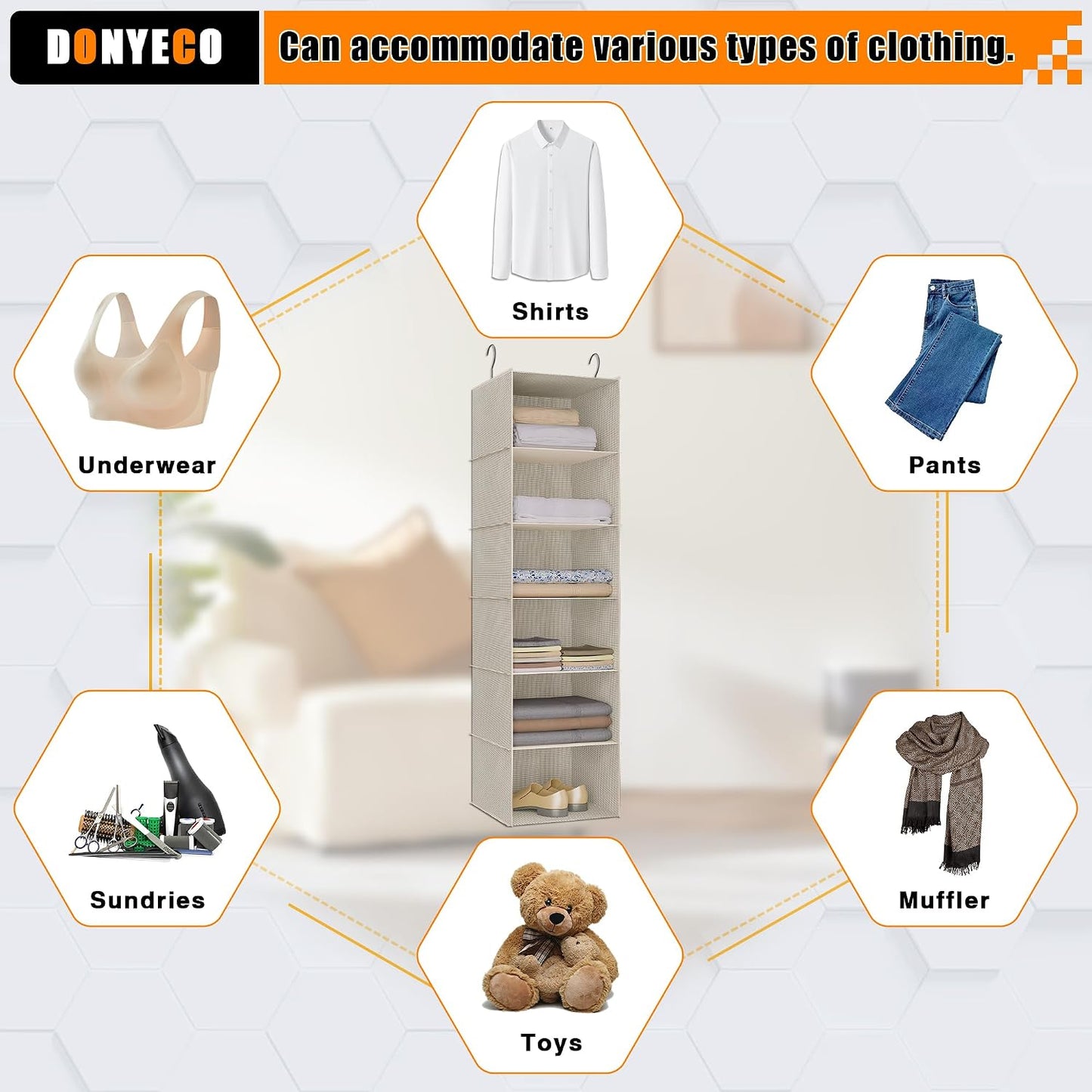 Hanging Closet Organizer 3-Shelf, Oxford Fabric Wardrobe Storage, Gray | Easy-mount foldable design holds clothes, handbags, shoes & accessories; washable Oxford fabric, sturdy and space-saving.