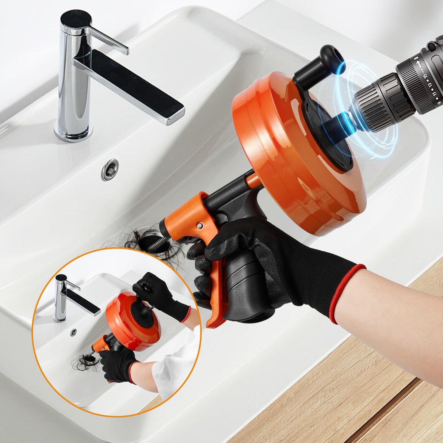 50 FT Plumbing Snake with Auto-Feed - Heavy Duty Drain Auger for Toilet/Sink/Shower/Bathtub Clogs, Drill-Compatible Sewer Snake Tool & Flexible Steel Cable - Snake Drain Hair Remover Tool