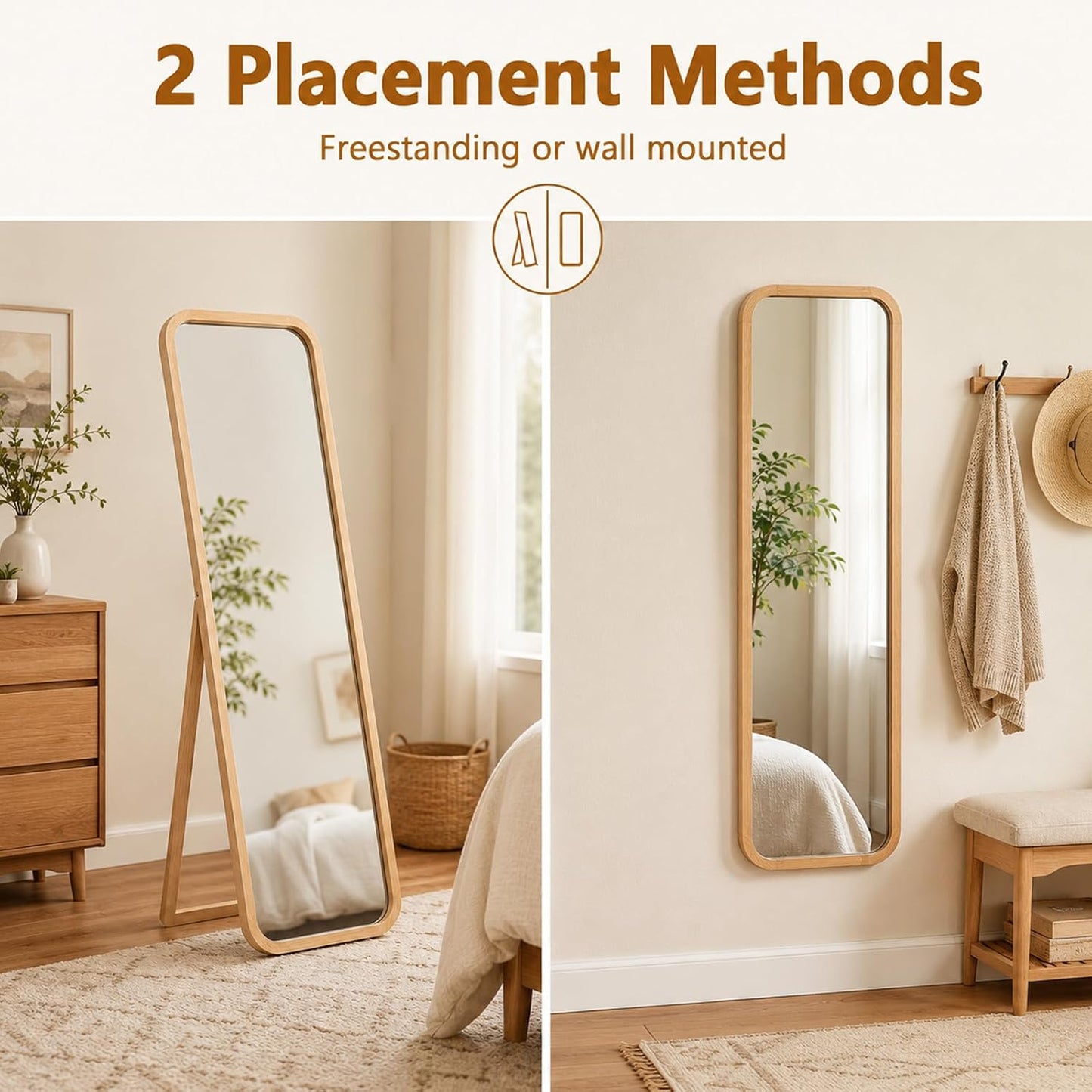 Anwick Full Length Floor Mirror Wood Frame Standing Mirror Walnut 63 in | Solid Wood Frame, Clear Float Glass, Adjustable Stand or Wall Mount, Rounded Walnut Finish for Bedroom or Dressing Room