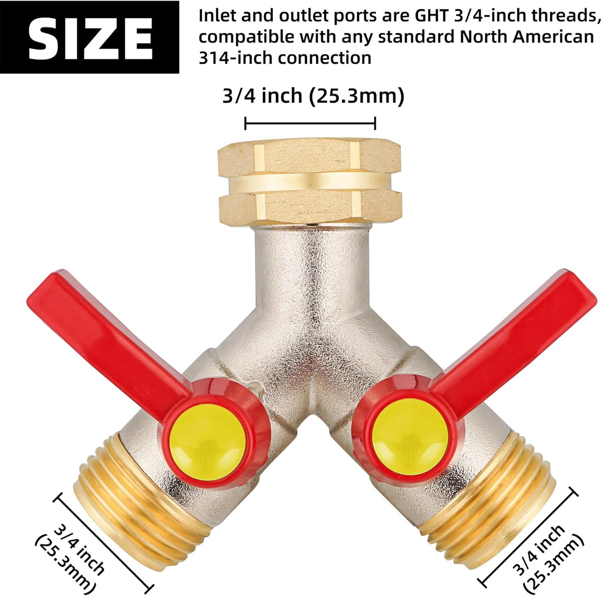 Hose Splitter 2 Way, High Flow Garden Hose Splitter, 3/4” Ght Inlet Brass Heavy Duty Hose Converter, Full Flow water 2 Way Faucet hose splitter, Long Handle Hose Valve Large Outlet.