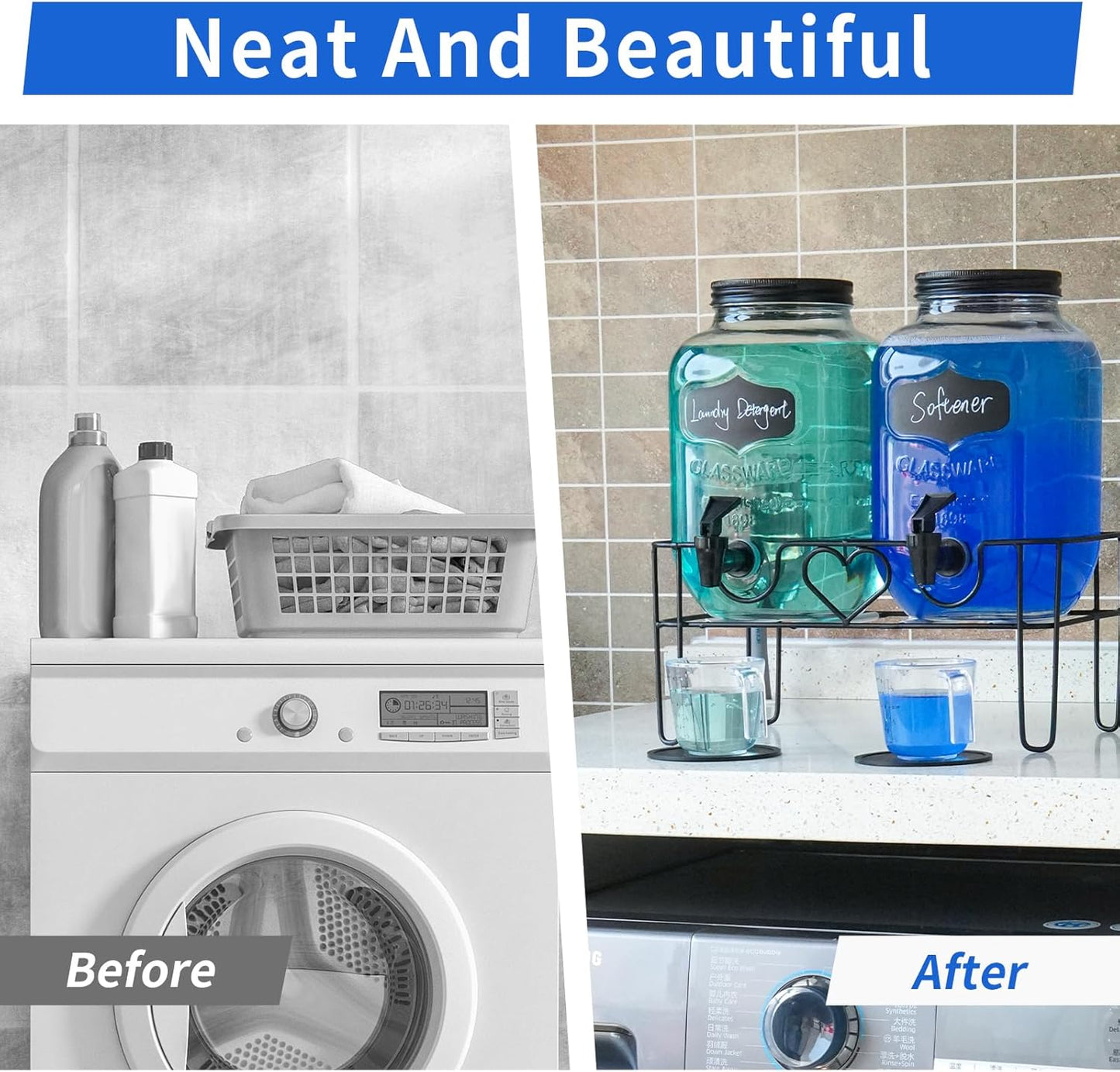 1 Gallon Liquid Laundry Detergent Dispenser with Stand, Glass Laundry Soap Dispenser, Glass Jars for Laundry Room Organization and Storage, Liquid Detergent, Fabric Softener