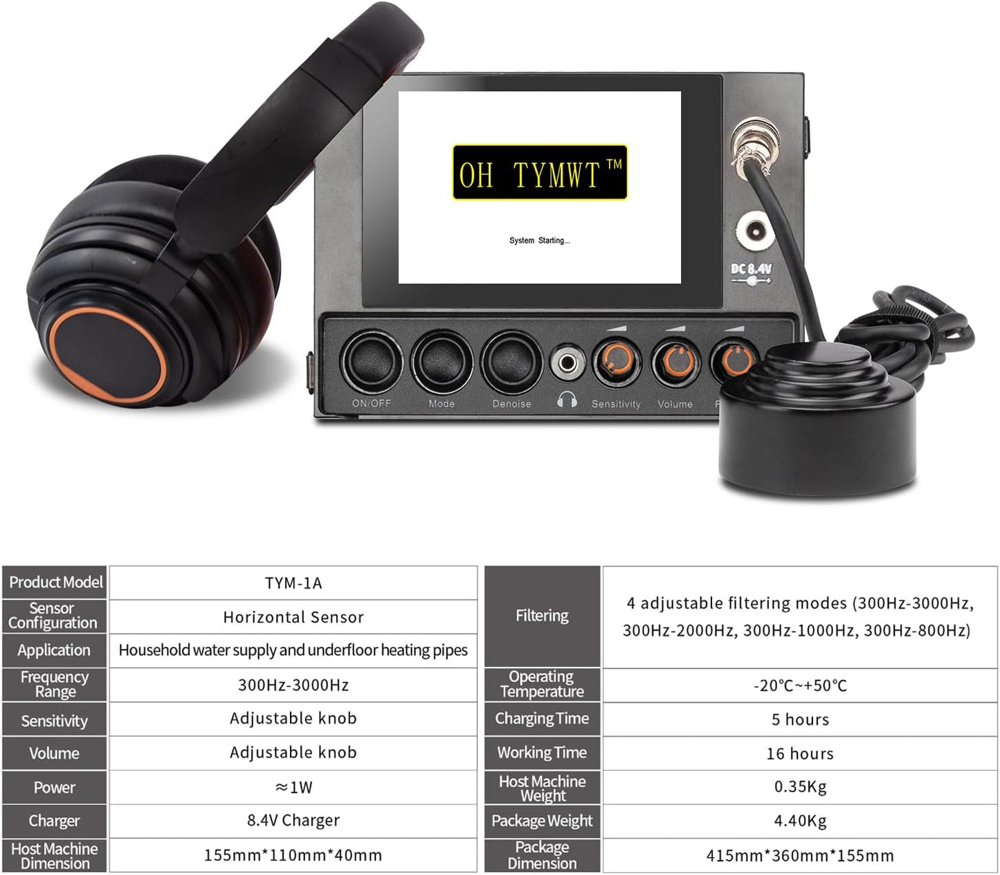 Al Water Leak Detector, Indoor Wall/Ground Under Slab Pipe Leak - TYM-3A | 2 Sensors, 0.5m/1.64ft, 100Hz-8000Hz, 15 Hours