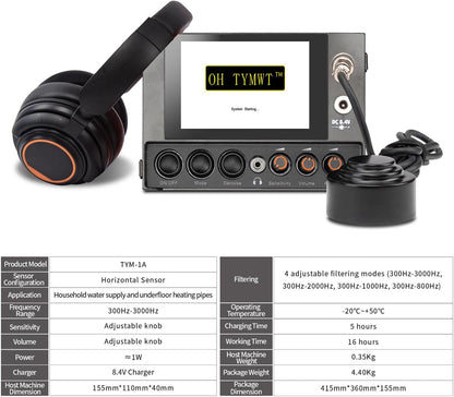Al Water Leak Detector, Indoor Wall/Ground Under Slab Pipe Leak - TYM-3A | 2 Sensors, 0.5m/1.64ft, 100Hz-8000Hz, 15 Hours