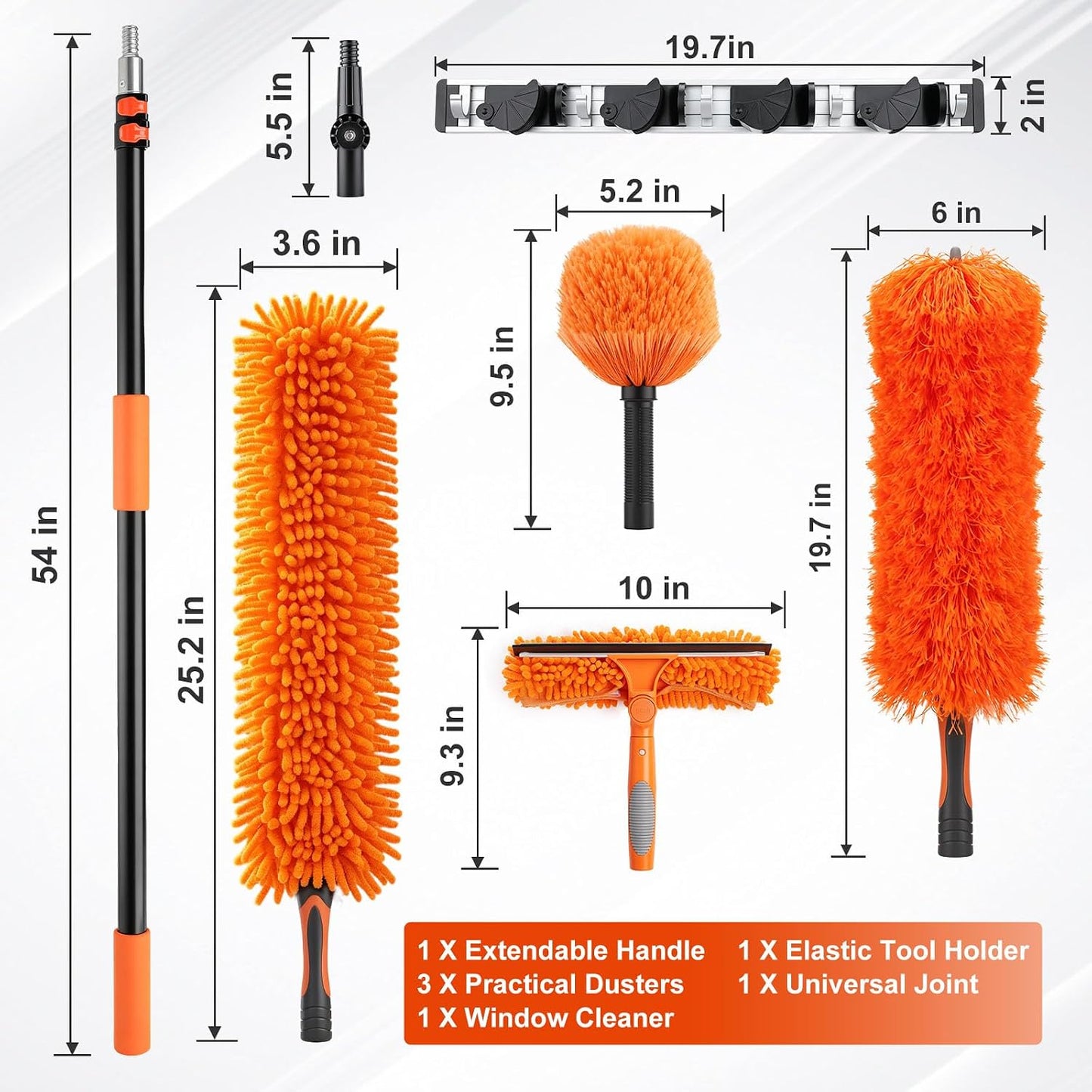20 Foot High Ceiling Fan Cleaner Duster Kit with 5-12ft Heavy Duty Extension Pole, Microfiber Feather Duster, Cobweb Duster, Ceiling Fan Duster and Window Squeegee, Long Dusters for Cleaning