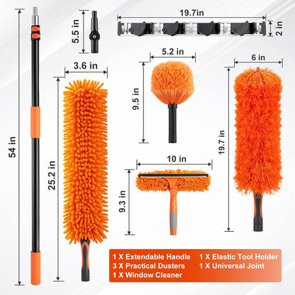 20 Foot High Ceiling Fan Cleaner Duster Kit with 5-12ft Heavy Duty Extension Pole, Microfiber Feather Duster, Cobweb Duster, Ceiling Fan Duster and Window Squeegee, Long Dusters for Cleaning