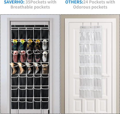 SAVERHO 35 Pockets Over the Door Shoe Organizer, Hanging Shoe Organizer for Door with 35 Mesh Pockets Large Capacity Shoe Hanging Storage Bag with 4 Metal Hooks (White-1Pack)