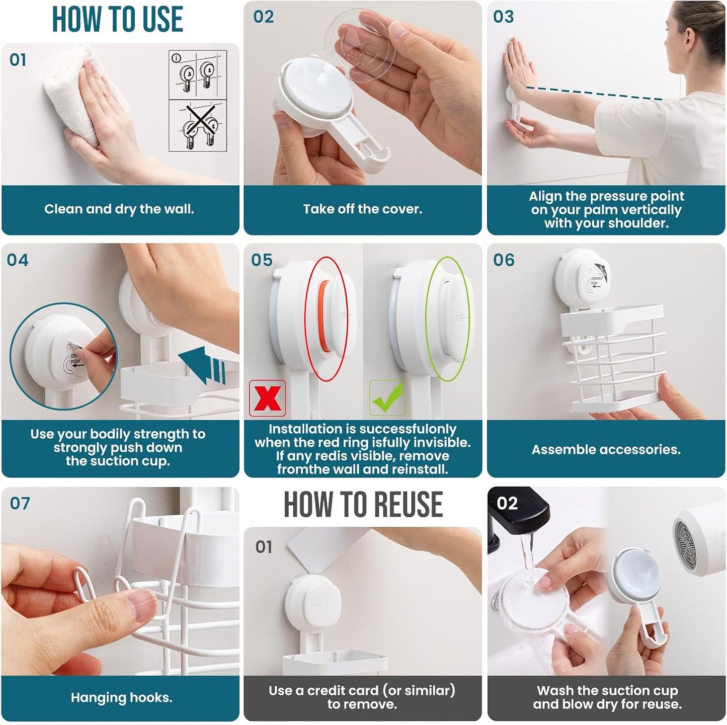 TAILI Upgraded Bathroom Mirror Suction Cup Toothbrush Holder with Razor Hook, Visible Safety Indicator, Large Capacity Inverted Trapezoid Design, Removable Shower Caddy for Toothbrush, Toothpaste, etc