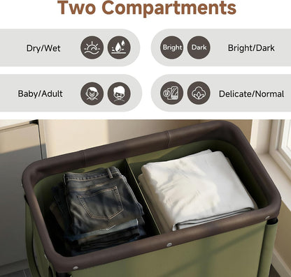 StorageWorks 3 Section Laundry Hamper, Rolling Laundry Cart with Wheels and Handles, Laundry Room Double Sorter for Organizer and Storage, 31.7 Gal(120L), Beige