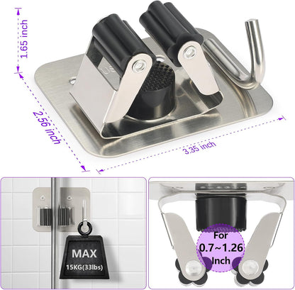 Stainless Steel Broom Holder, Heavy Duty, Rust Resistant, 4 Gripper Positions with 4 Hooks, Black