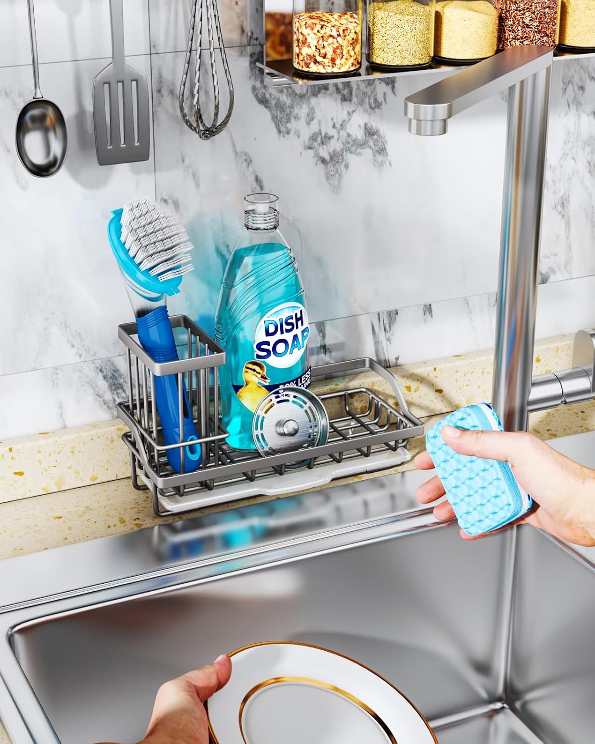 Consumest Sponge Holder for Kitchen Sink - Kitchen Sink Caddy Organizer with Removable Drip Tray for Countertop Dish Soap Dispenser Brush Storage Accessories 304 Stainless Steel - Black