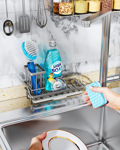 Consumest Sponge Holder for Kitchen Sink - Kitchen Sink Caddy Organizer with Removable Drip Tray for Countertop Dish Soap Dispenser Brush Storage Accessories 304 Stainless Steel - Black