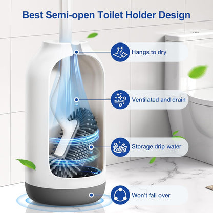 HAMITOR Toilet Bowl Brush Holder Set: Deep Cleaning Silicone Toilet Cleaner Scrubber Under Rim with Curved Bristle for Bathroom Dead Corner Clean - Modern Rv Toilet Decorative Accessories - White