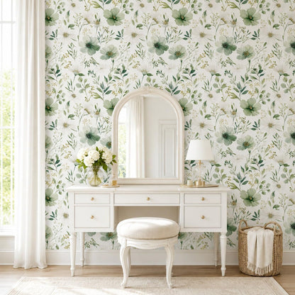 Sage Green Floral Peel and Stick Wallpaper Self Adhesive Removable Modern for Bedroom Accent Wall Renter Friendly Thick Watercolor Natural Flower Wallpaper 17.7" x 118"