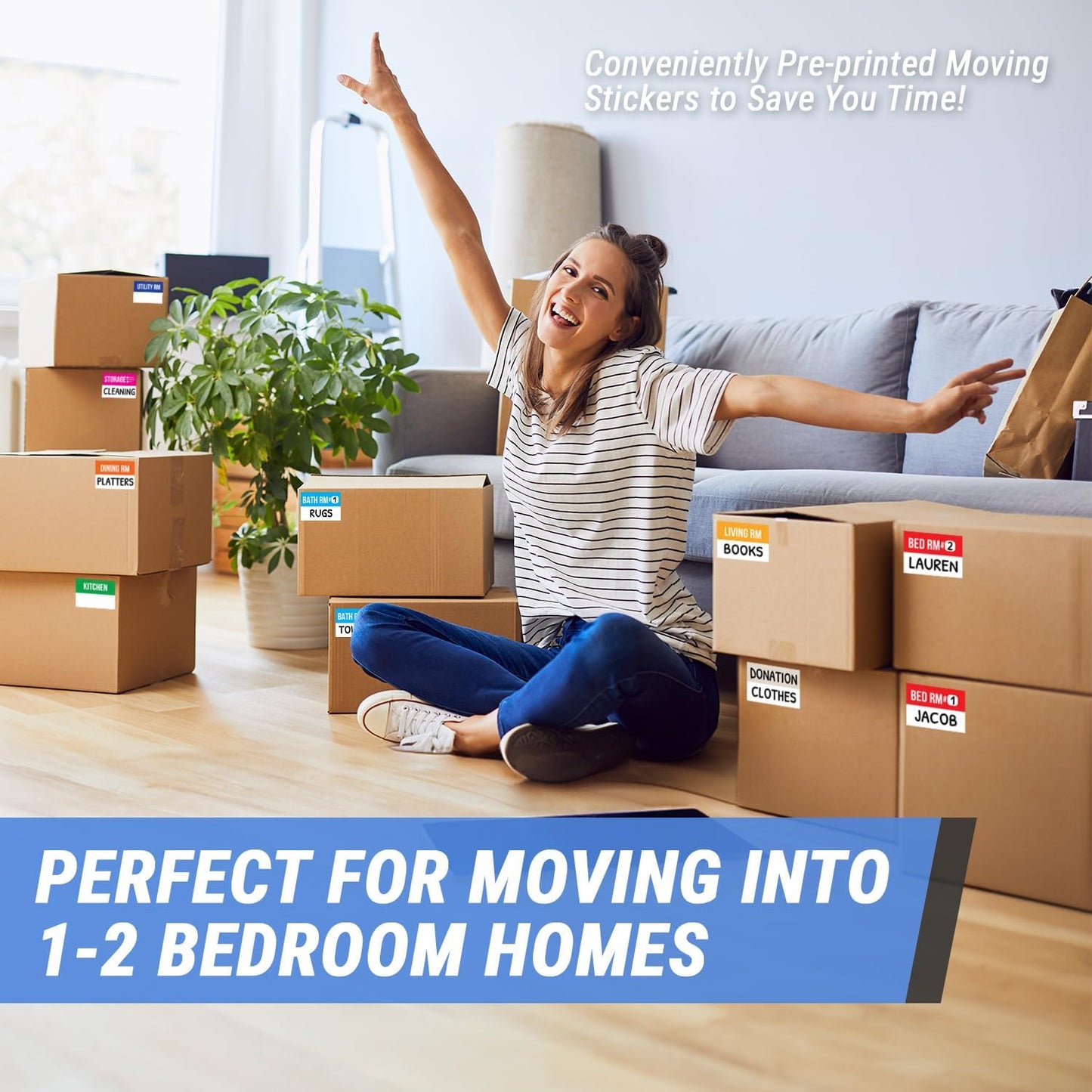 Home Moving Labels (3 x 2 inch, 10 Designs - 300 Labels) for 1-2 Bedroom, Color Coded Moving Stickers w/Writable Note Area, Fragile, Heavy & Extra Blank Stickers