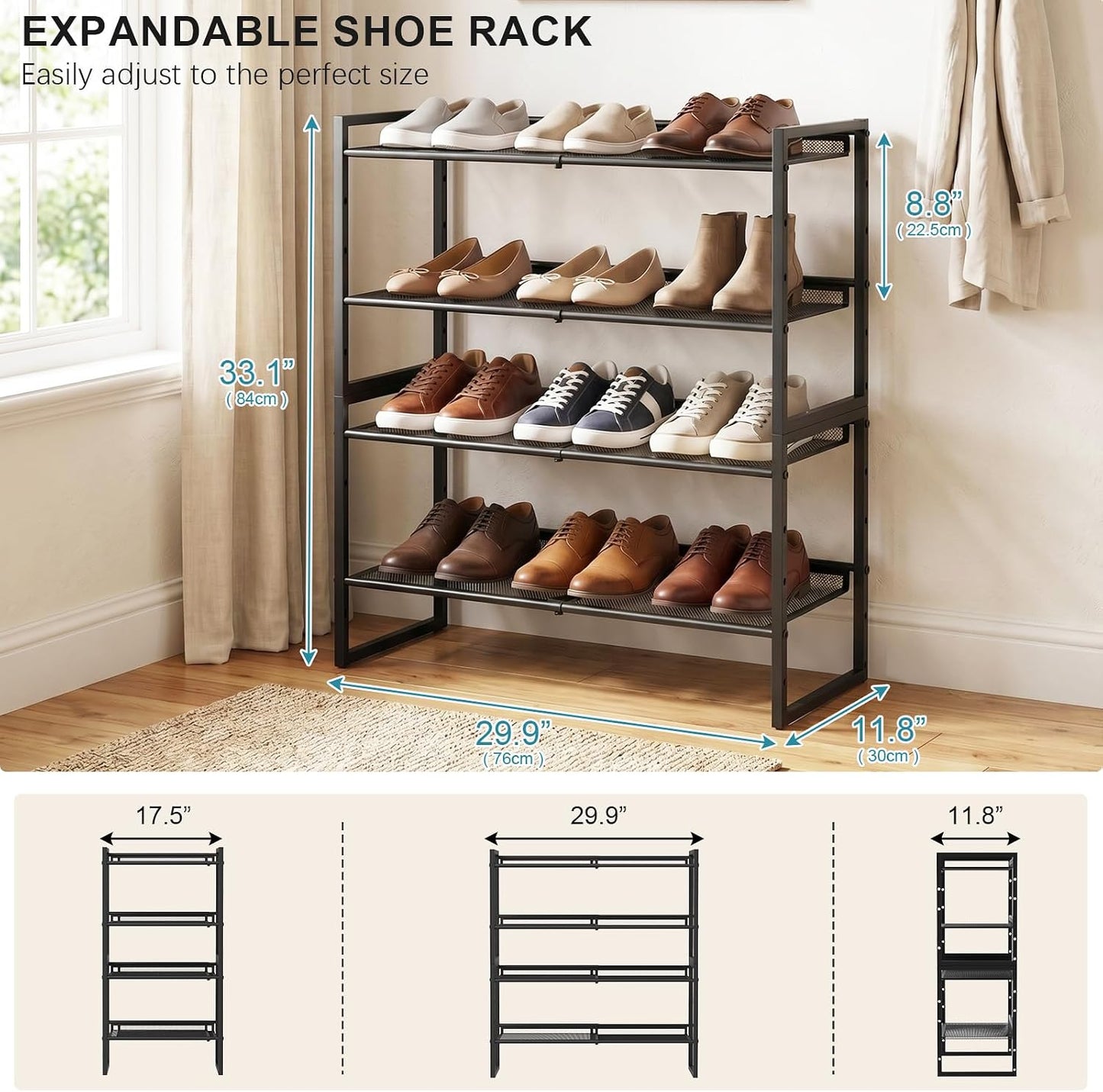 Garden 4 you Shoe Rack - Expandable Shoe Organizer for Closet, Metal Shoe Shelf Organizer, Stackable Adjustable Shoe Storage Shelf for Entryway, Garage, Door Entrance (2-Tier)