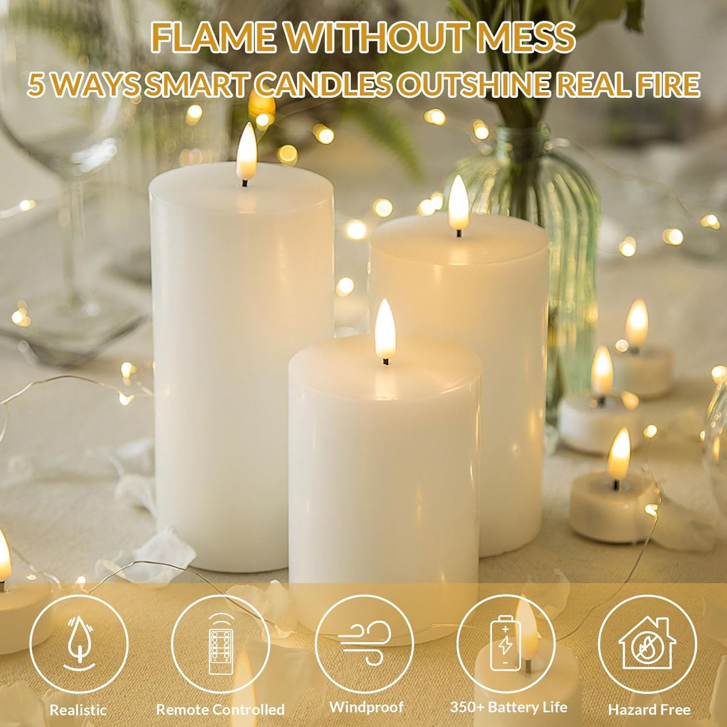 Eywamage White Real Wax Flameless Pillar Candles with Remote, Flickering Flat Top LED Battery Candles Set of 3
