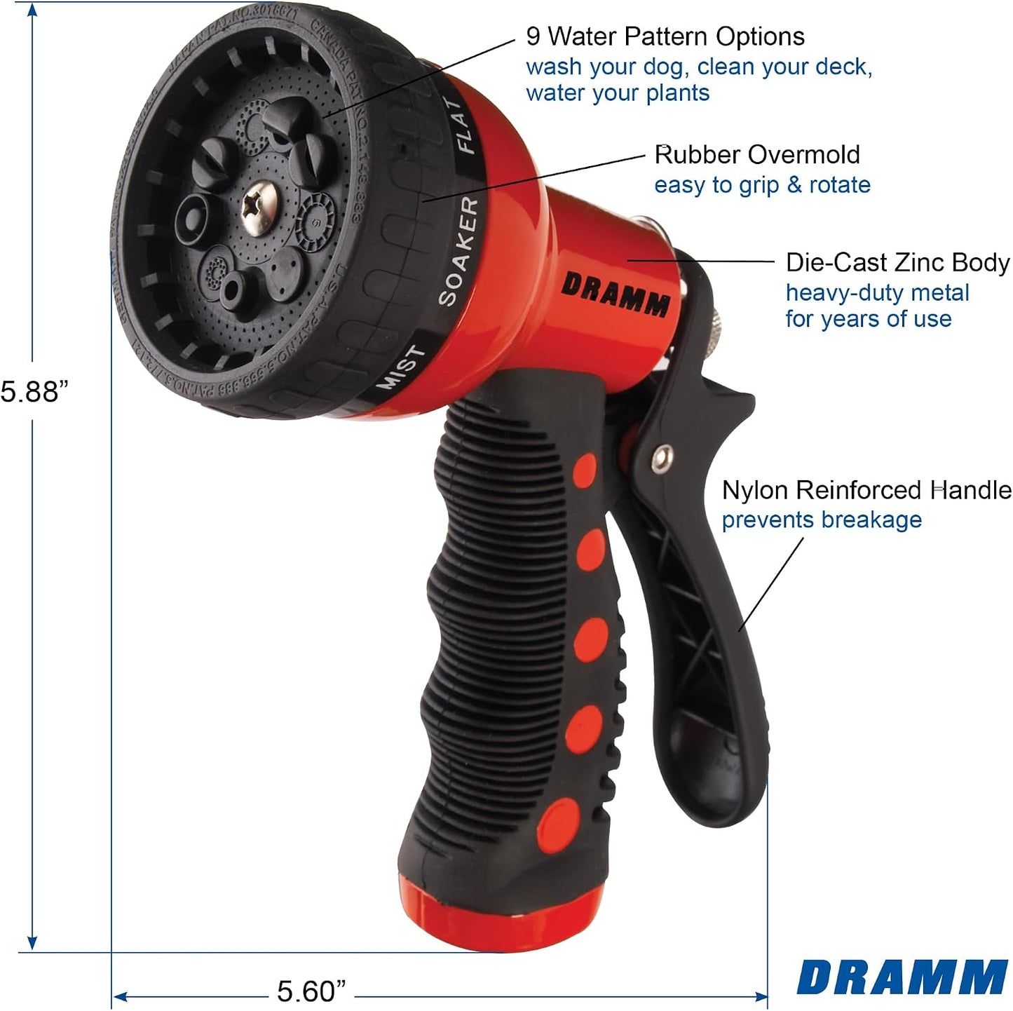 Dramm Revolver Heavy Duty Metal Garden Hose Nozzle – 9 Spray Patterns, High Pressure Jet, Thumb-Control Flow, Ergonomic Grip – Green