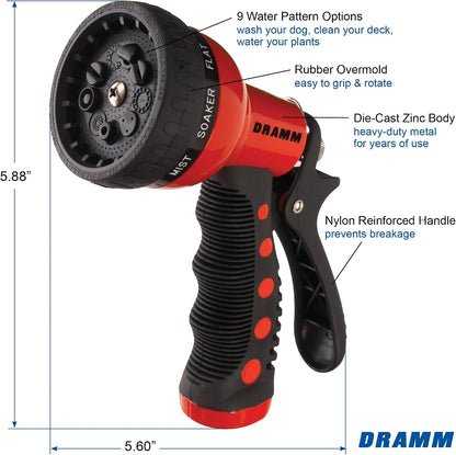 Dramm Revolver Heavy Duty Metal Garden Hose Nozzle – 9 Spray Patterns, High Pressure Jet, Thumb-Control Flow, Ergonomic Grip – Green