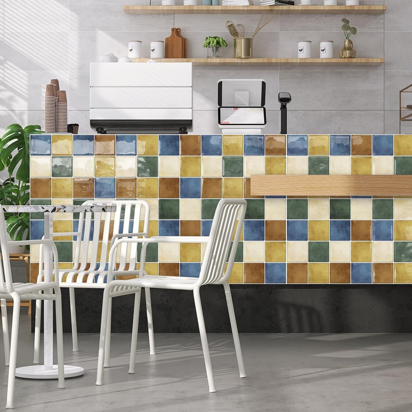 DEWOO Colorful Peel and Stick Backsplash Tiles Kitchen Bathroom Square Self Adhesive Wall Tile Checkered Stickers,Multicolor (10-Sheet, 12"×12")