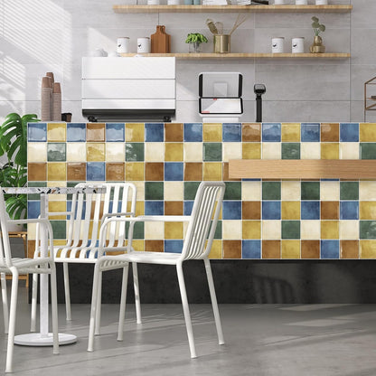 DEWOO Colorful Peel and Stick Backsplash Tiles Kitchen Bathroom Square Self Adhesive Wall Tile Checkered Stickers,Multicolor (10-Sheet, 12"×12")