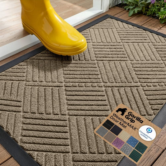 GORILLA GRIP 100% Waterproof All-Season WeatherMAX Doormat, US Designed Natural Rubber, Stain and Fade Resistant, Low Profile Indoor Outdoor Door Mats, Easy Clean Patio Mat, 29x17, Graphite Skiing - Colors B