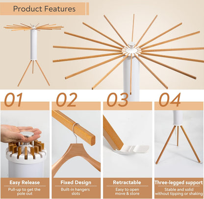 ZOFGENOW Clothes Drying Rack, Foldable Wooden Tripod Drying Rack Clothing for Small Apartments Balcony Bedroom, Portable Space Saving Laundry Rack, Floor Standing with 16 Poles for Indoor Air Drying