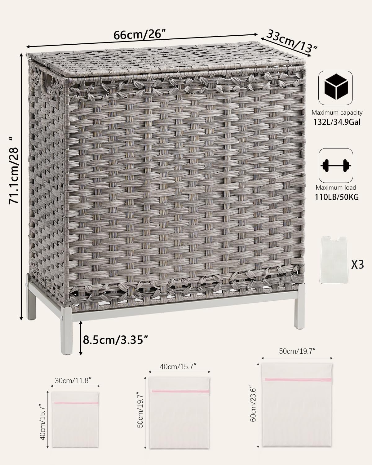 SETVSON Laundry Hamper with Lid 132 L, (35 Gallons) Clothes Hamper with Lid, Handwoven Rattan Laundry Hamper with Metal Heightened Feet, Laundry Hampers with 3 Removable Liner Bags for Laundry-Natural
