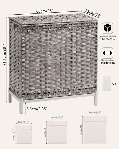 SETVSON Laundry Hamper with Lid 132 L, (35 Gallons) Clothes Hamper with Lid, Handwoven Rattan Laundry Hamper with Metal Heightened Feet, Laundry Hampers with 3 Removable Liner Bags for Laundry-Natural