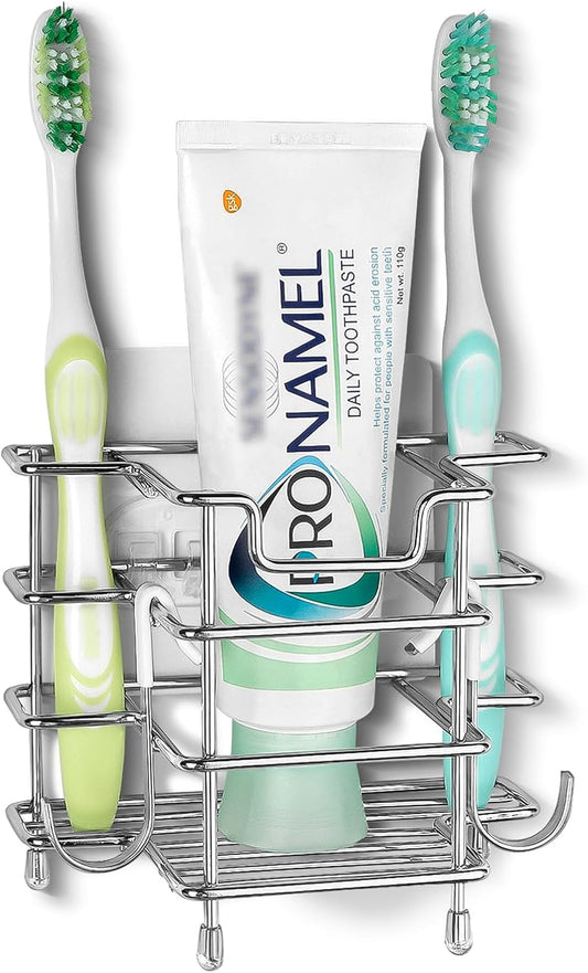 Linkidea Self Adhesive Toothbrush Holder for Shower, Stainless Steel Toothpaste Organizer, 3 Slots Wall Mount/Countertop Stand Compatible with Colgate Extra Clean, Oral-B CrossAction