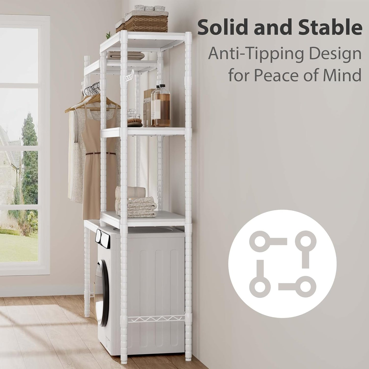 GarveeHome 5-Tier Over-The-Washer Storage Shelf - Adjustable Height Laundry Organizer with Double-Layer Wood Shelves, Space-Saving Design for Laundry Room (White, 28 in)
