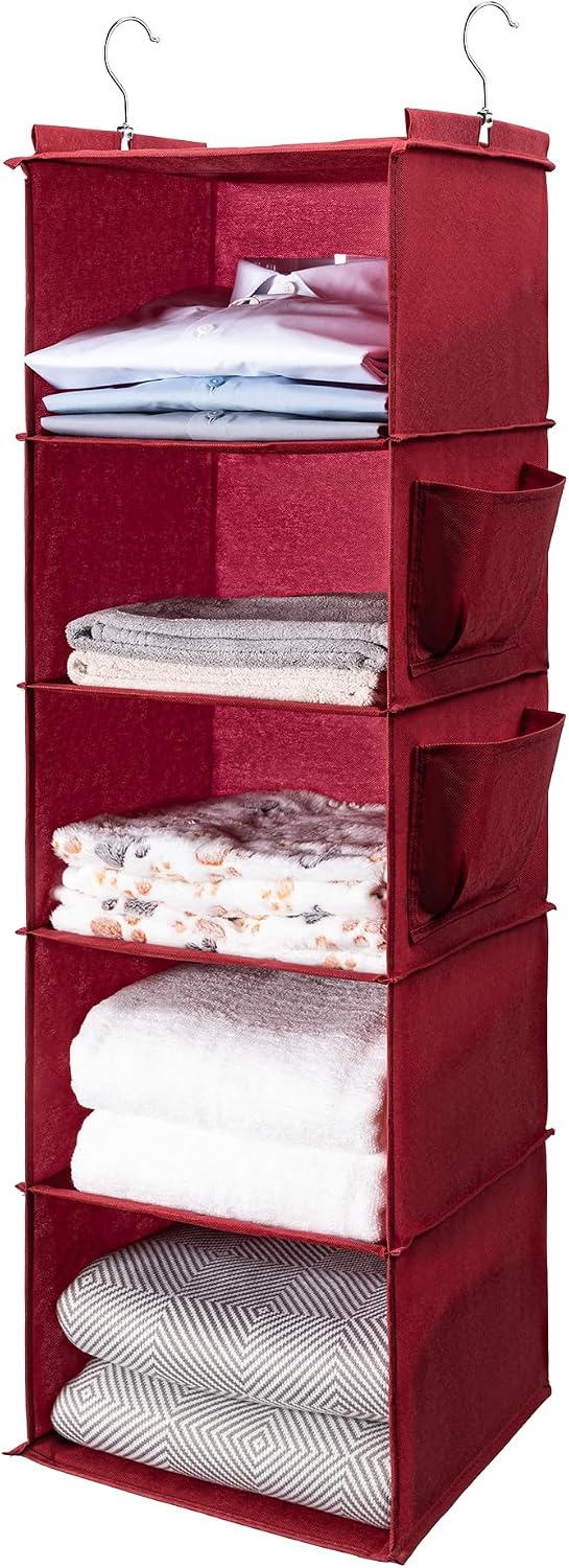 BOOMIBOO Hanging Closet Organize and Shelves，5-Hanging Shelf with 2 Side Pockets，Storage Foldable （Grey）