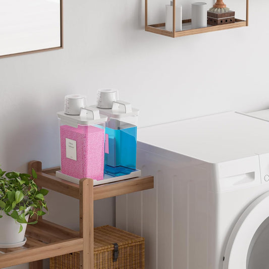 61OZ Laundry Detergent Dispenser Container, 2 Pack Liquid Laundry Dispenser, Plastic Detergent Dispensers for Laundry Powder/Fabric Softener with Tray 6 Labels, Clear