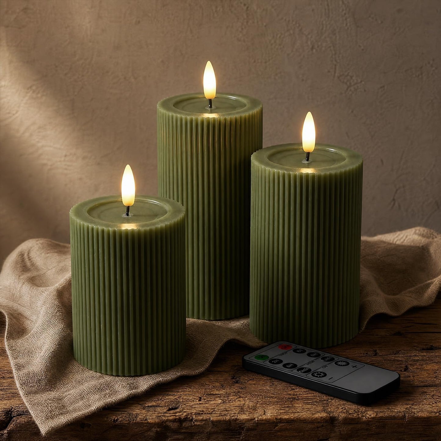 Fluted Ribbed LED Pillar Candles, Cream Beige, with Reflective Melted-Wax Effect – Flickering Flame, Remote, Dimmable, Flameless, Battery Operated, Home & Wedding Decor (Set of 3)