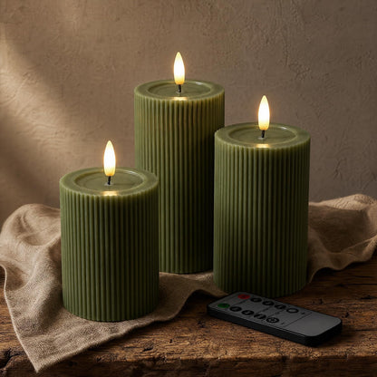 Fluted Ribbed LED Pillar Candles, Cream Beige, with Reflective Melted-Wax Effect – Flickering Flame, Remote, Dimmable, Flameless, Battery Operated, Home & Wedding Decor (Set of 3)