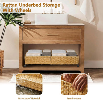 Under Bed Storage Containers with Wheels, 31.5” Large Handwoven Rattan Rolling UnderBed Storage Bins, Tool-free Assembly Natural Under The Bed Organizer Drawers for Bedroom, Sheets Clothes Blankets