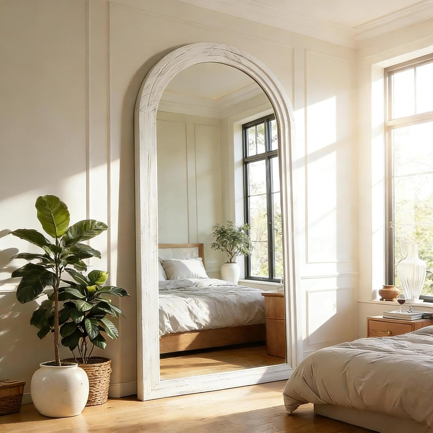 Full Length Mirror with Solid Wood Frame & Stand, 71"x32" Oversized Arched Floor Mirror, Charred Wood Finish Wall Mounted or Leaning Mirror for Bedroom Living Room, Burnt Brown